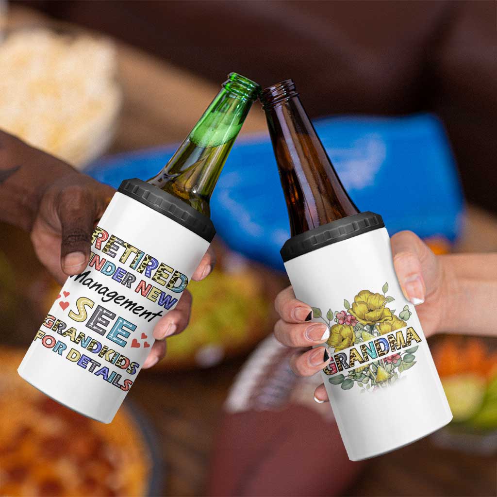 Funny Grandma Retirement 4 in 1 Can Cooler Tumbler Retired Under New Management See Grandkids For Details - Wonder Print Shop