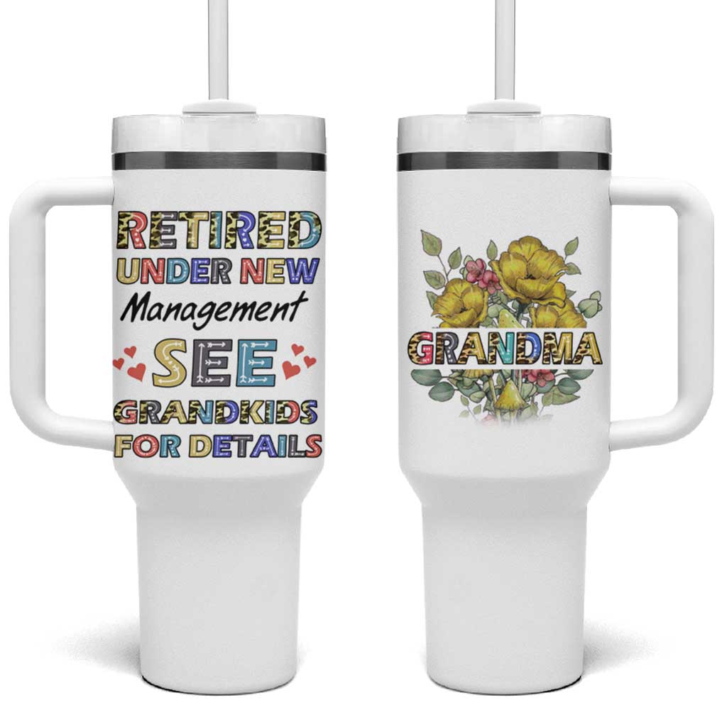 Funny Grandma Retirement Tumbler With Handle Retired Under New Management See Grandkids For Details - Wonder Print Shop