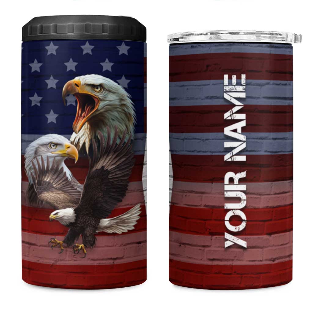 Personalized Eagle American Flag 4 in 1 Can Cooler Tumbler Custom Name Patriotic Gifts For Men