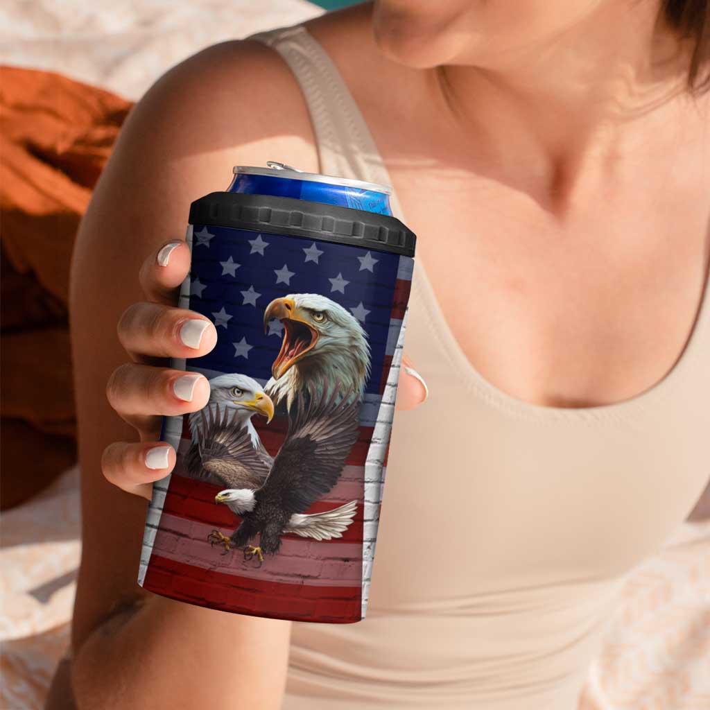 Personalized Eagle American Flag 4 in 1 Can Cooler Tumbler Custom Name Patriotic Gifts For Men