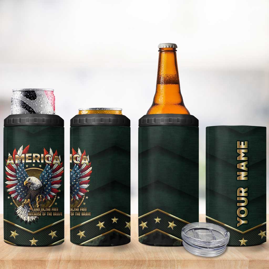 Personalized American Patriot 4 in 1 Can Cooler Tumbler Custom Name Land Of The Free Because Of The Brave