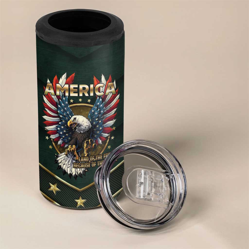 Personalized American Patriot 4 in 1 Can Cooler Tumbler Custom Name Land Of The Free Because Of The Brave