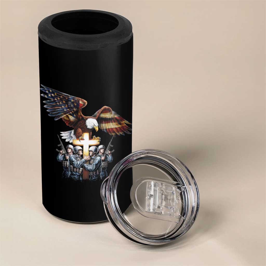 American Patriot Christian 4 in 1 Can Cooler Tumbler Stand For the Flag Kneel For the Cross Eagle