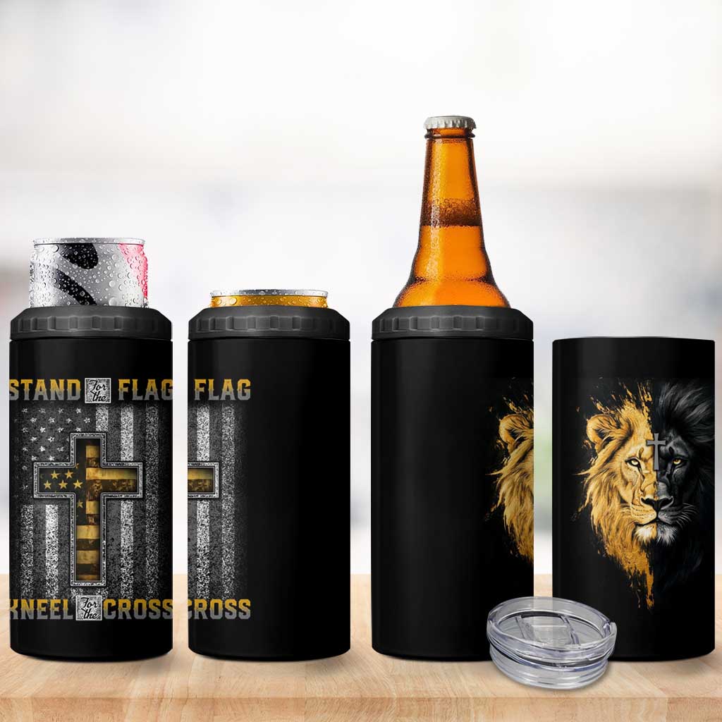 American Patriot Christian 4 in 1 Can Cooler Tumbler Stand For the Flag Kneel For the Cross Lion