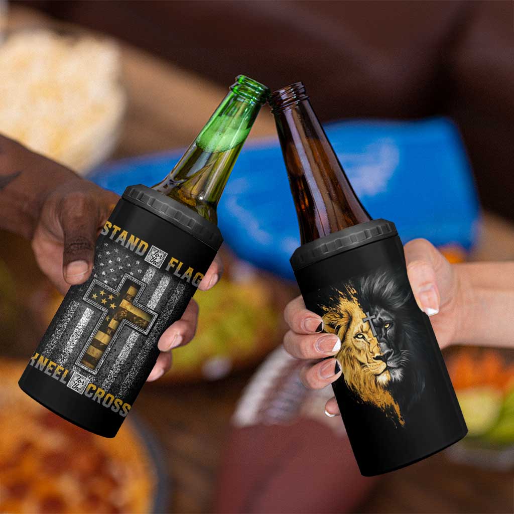 American Patriot Christian 4 in 1 Can Cooler Tumbler Stand For the Flag Kneel For the Cross Lion