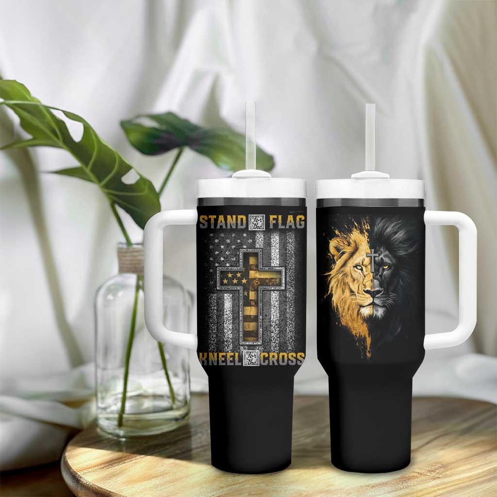 American Patriot Christian Tumbler With Handle Stand For the Flag Kneel For the Cross Lion