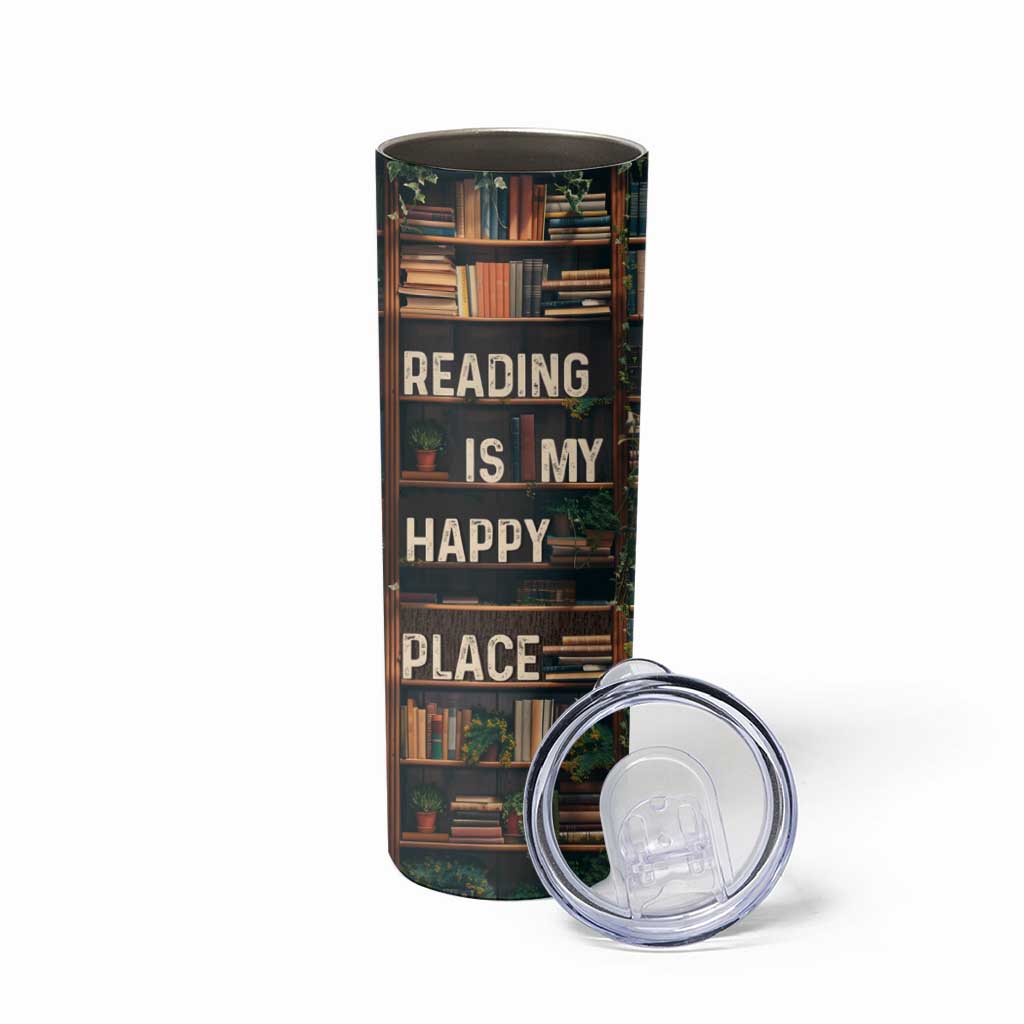 Book Lover Skinny Tumbler Reading Is My Happy Place Vintage Bookshelf - Wonder Print Shop