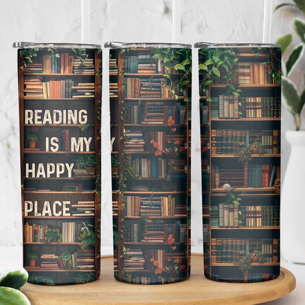Book Lover Skinny Tumbler Reading Is My Happy Place Vintage Bookshelf - Wonder Print Shop