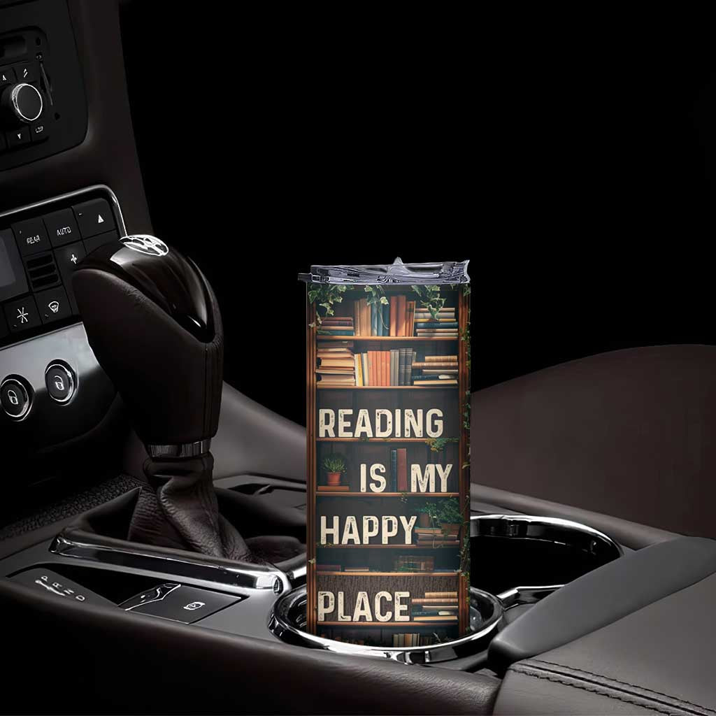 Book Lover Skinny Tumbler Reading Is My Happy Place Vintage Bookshelf - Wonder Print Shop