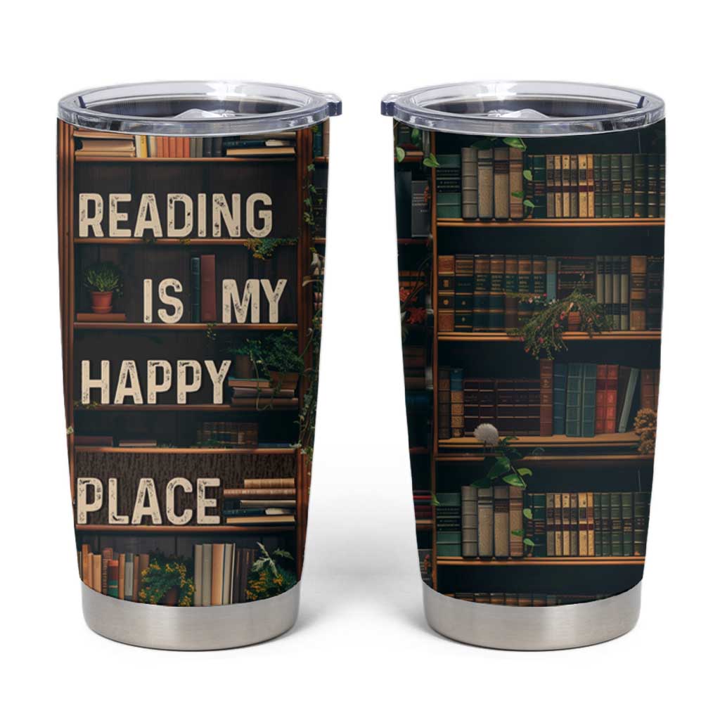 Book Lover Tumbler Cup Reading Is My Happy Place Vintage Bookshelf - Wonder Print Shop