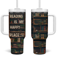 Book Lover Tumbler With Handle Reading Is My Happy Place Vintage Bookshelf - Wonder Print Shop
