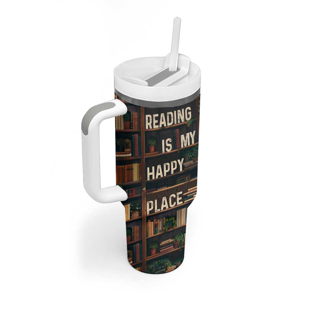 Book Lover Tumbler With Handle Reading Is My Happy Place Vintage Bookshelf - Wonder Print Shop