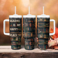 Book Lover Tumbler With Handle Reading Is My Happy Place Vintage Bookshelf - Wonder Print Shop