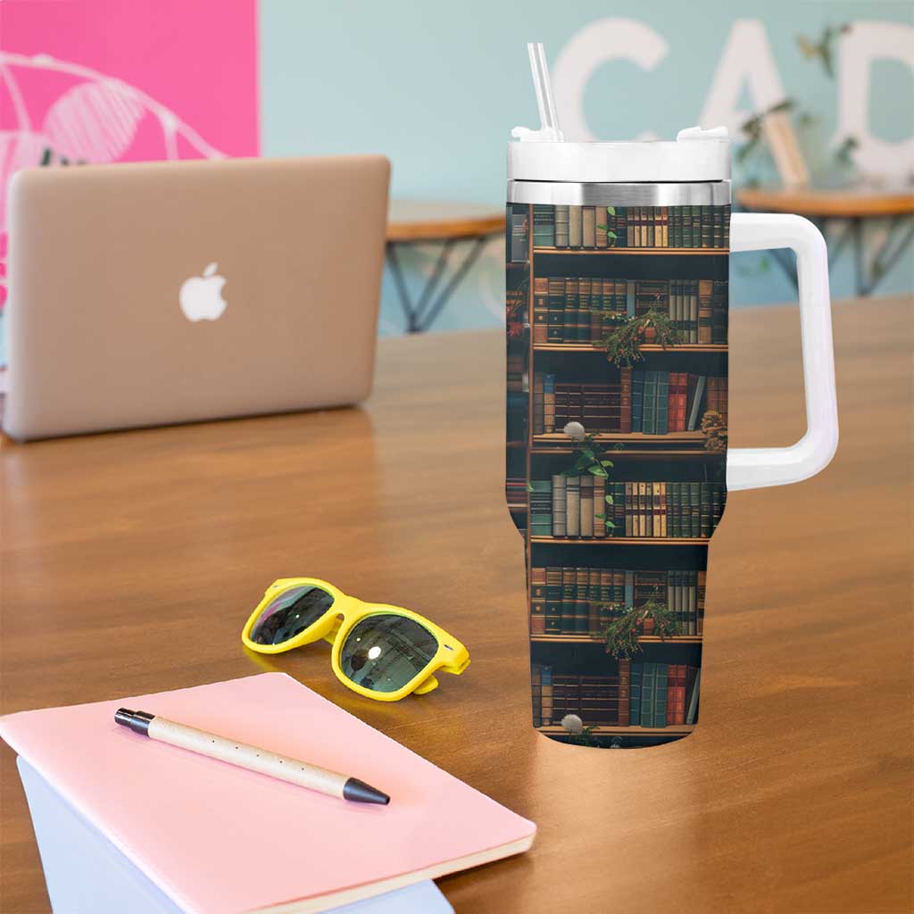 Book Lover Tumbler With Handle Reading Is My Happy Place Vintage Bookshelf - Wonder Print Shop