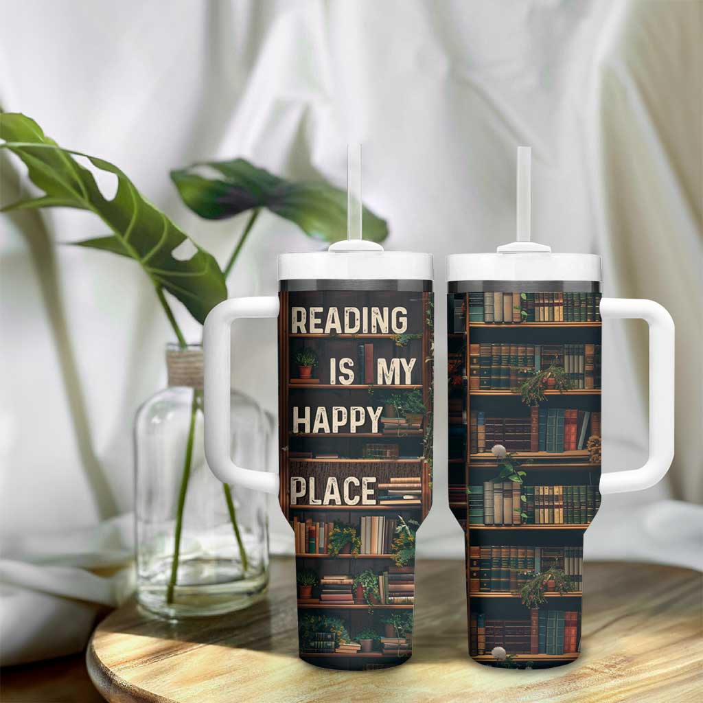 Book Lover Tumbler With Handle Reading Is My Happy Place Vintage Bookshelf - Wonder Print Shop