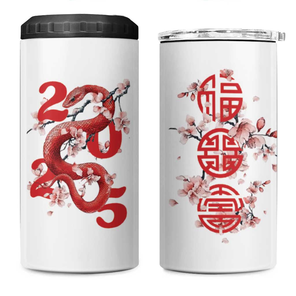 Year Of The Snake 2025 4 in 1 Can Cooler Tumbler Lu Fu Shou Chinese New Year Snake Cherry Blossom - Wonder Print Shop