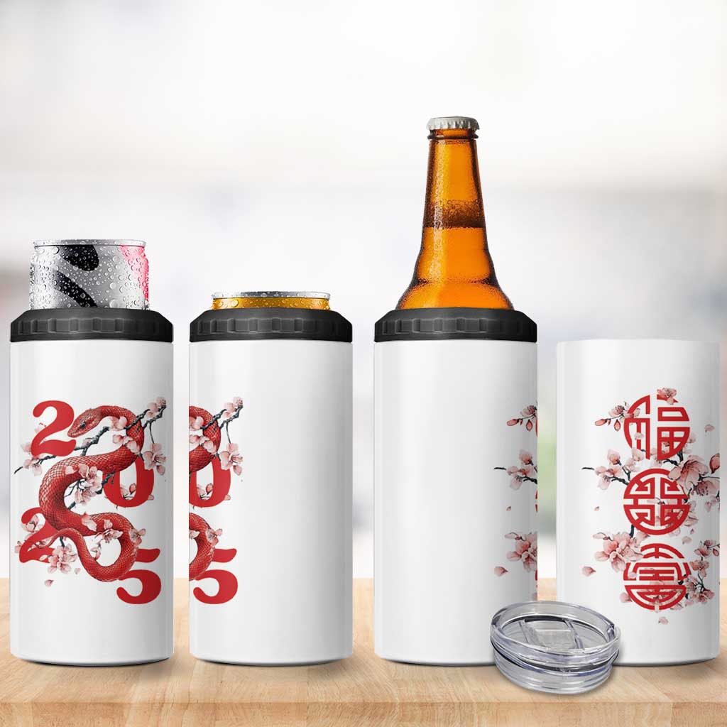 Year Of The Snake 2025 4 in 1 Can Cooler Tumbler Lu Fu Shou Chinese New Year Snake Cherry Blossom - Wonder Print Shop