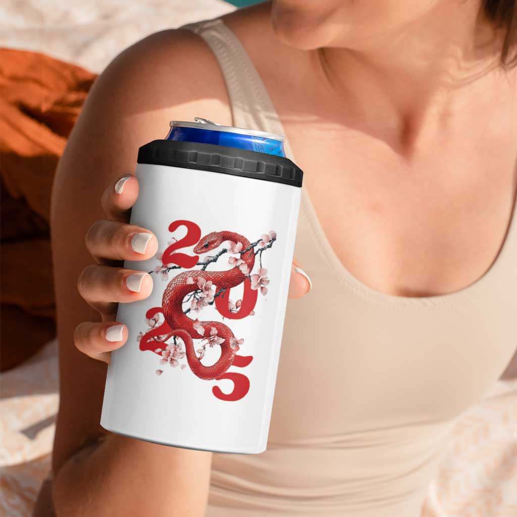 Year Of The Snake 2025 4 in 1 Can Cooler Tumbler Lu Fu Shou Chinese New Year Snake Cherry Blossom - Wonder Print Shop