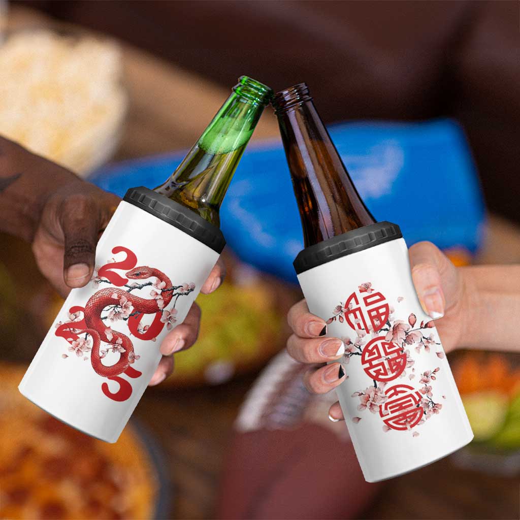 Year Of The Snake 2025 4 in 1 Can Cooler Tumbler Lu Fu Shou Chinese New Year Snake Cherry Blossom - Wonder Print Shop