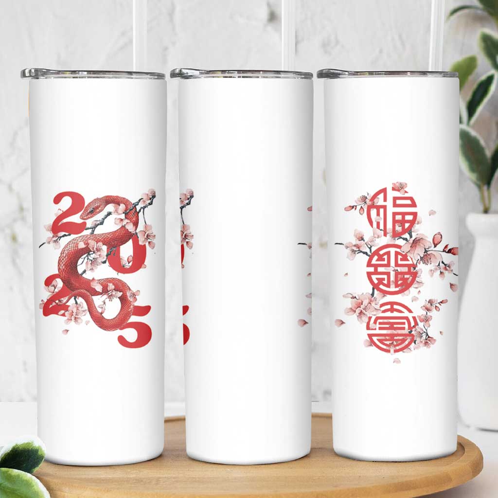 Year Of The Snake 2025 Skinny Tumbler Lu Fu Shou Chinese New Year Snake Cherry Blossom - Wonder Print Shop
