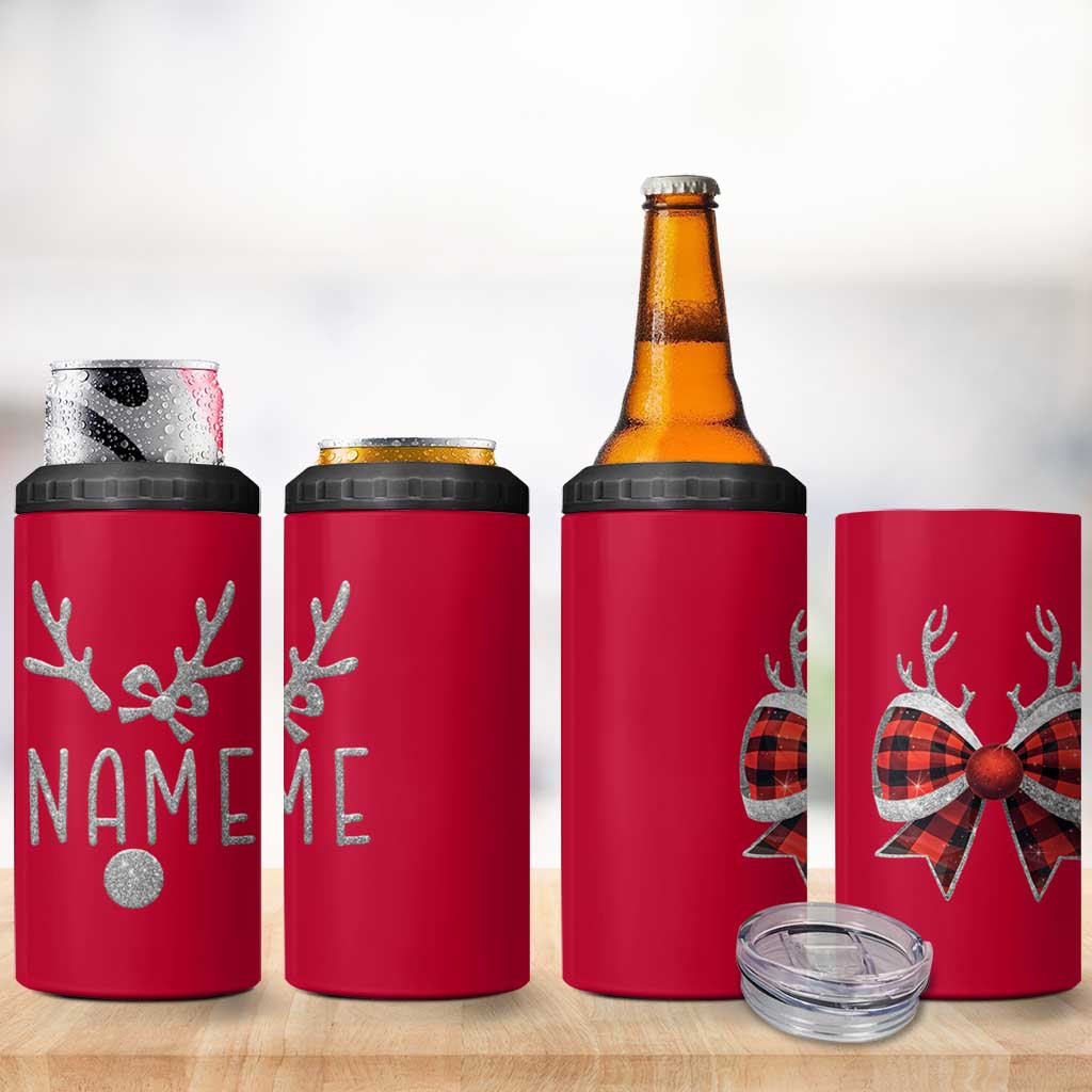 Personalized Christmas 4 in 1 Can Cooler Tumbler Custom Name Cute Reindeer Girly Bow - Wonder Print Shop