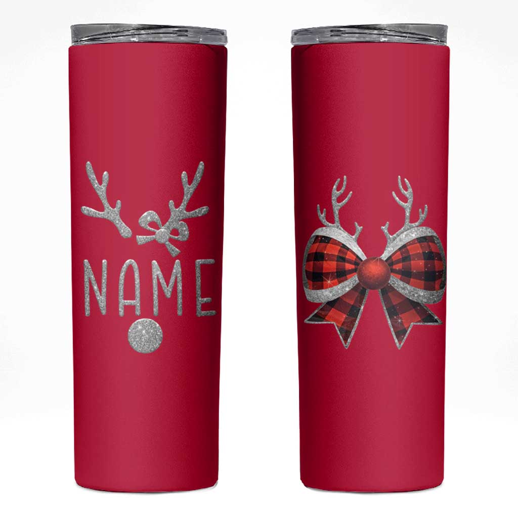 Personalized Christmas Skinny Tumbler Custom Name Cute Reindeer Girly Bow - Wonder Print Shop