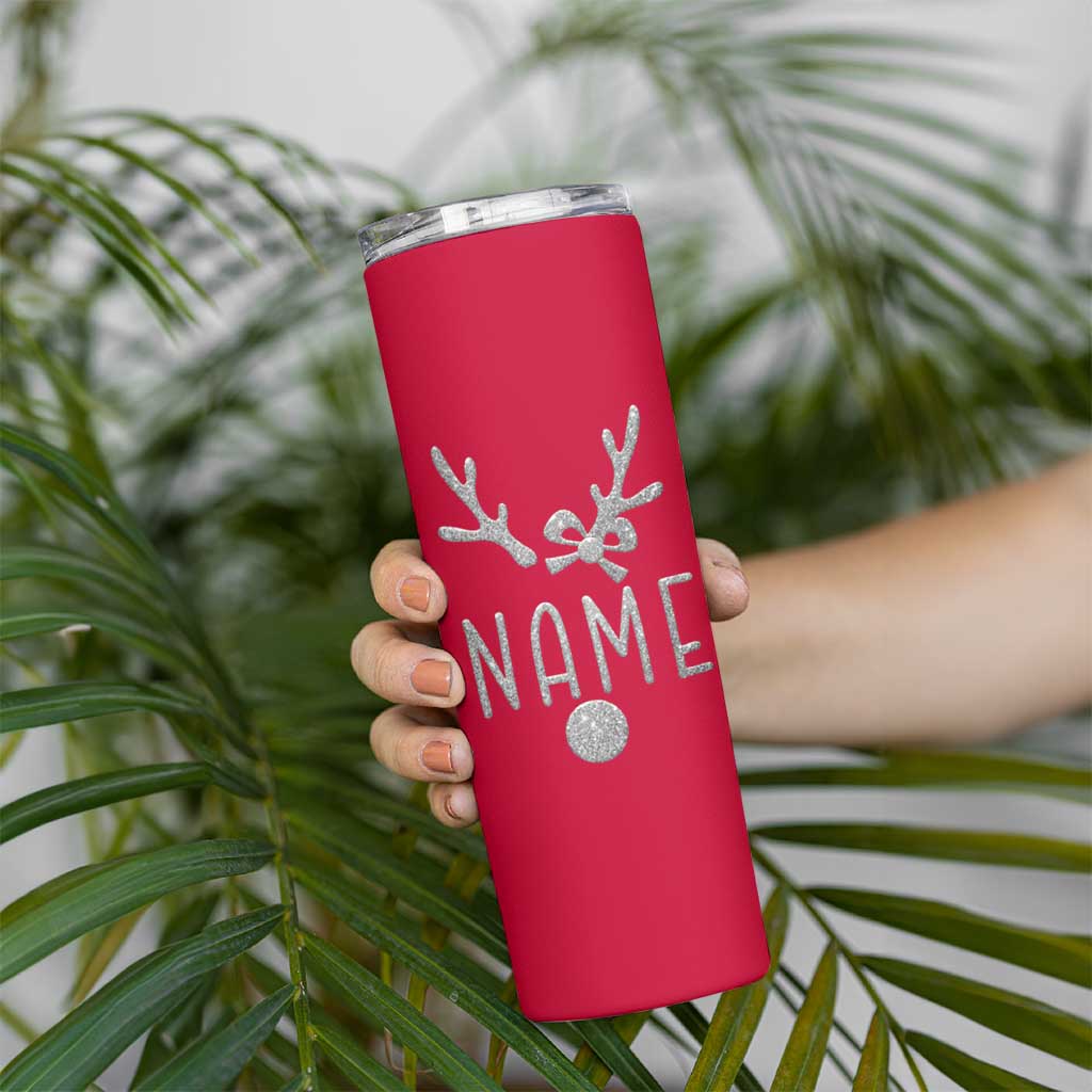 Personalized Christmas Skinny Tumbler Custom Name Cute Reindeer Girly Bow - Wonder Print Shop