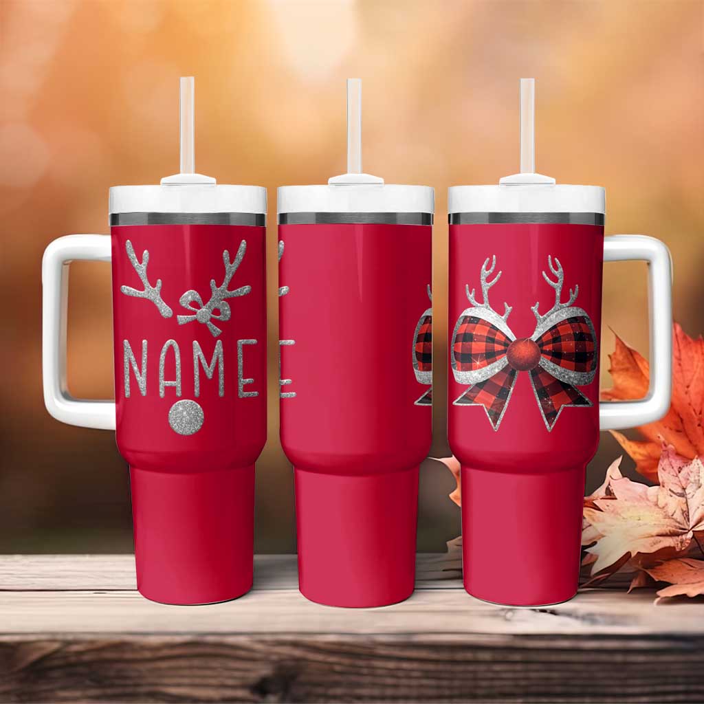 Personalized Christmas Tumbler With Handle Custom Name Cute Reindeer Girly Bow - Wonder Print Shop