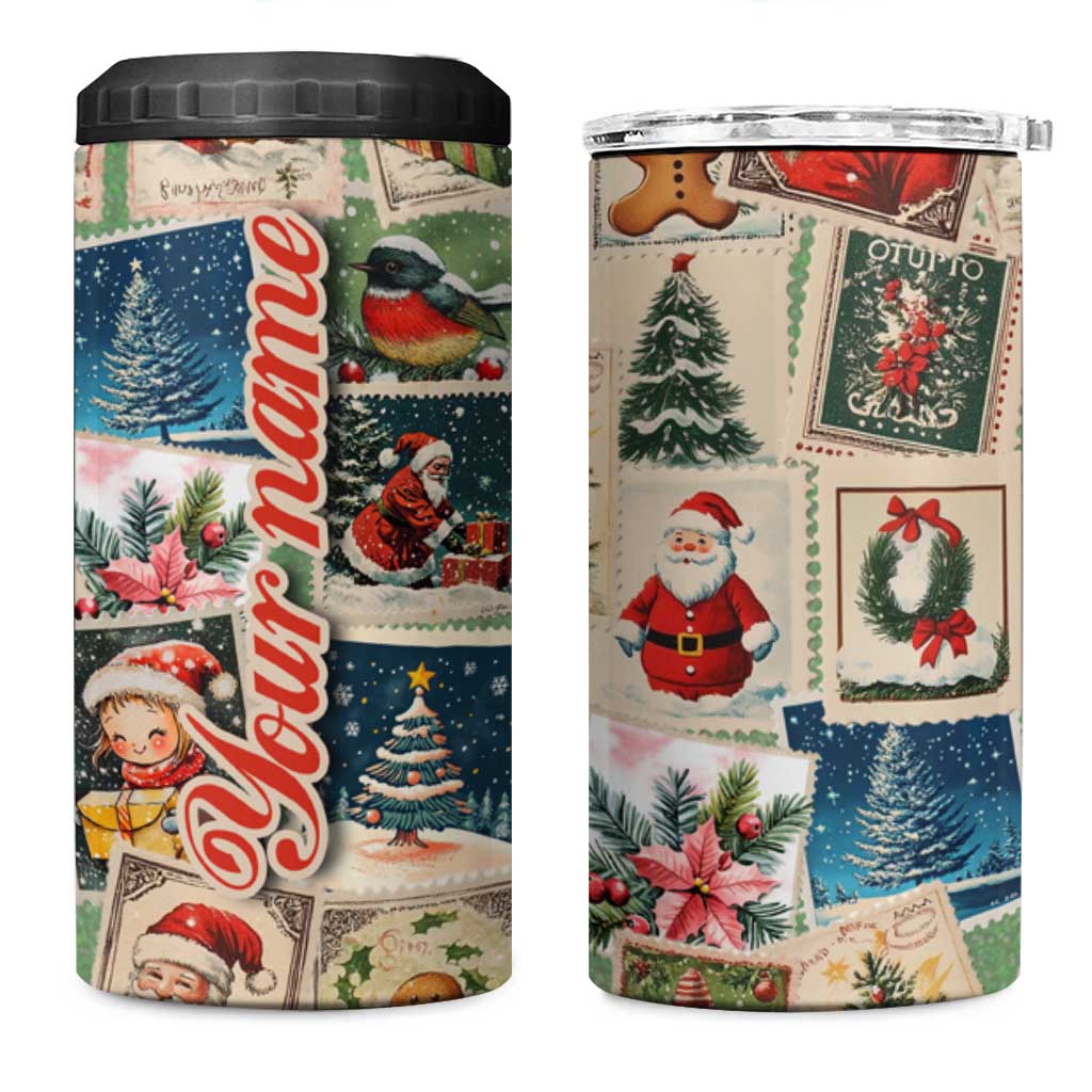 Personalized Christmas 4 in 1 Can Cooler Tumbler Custom Name Vingtage Xmas Stamp - Wonder Print Shop