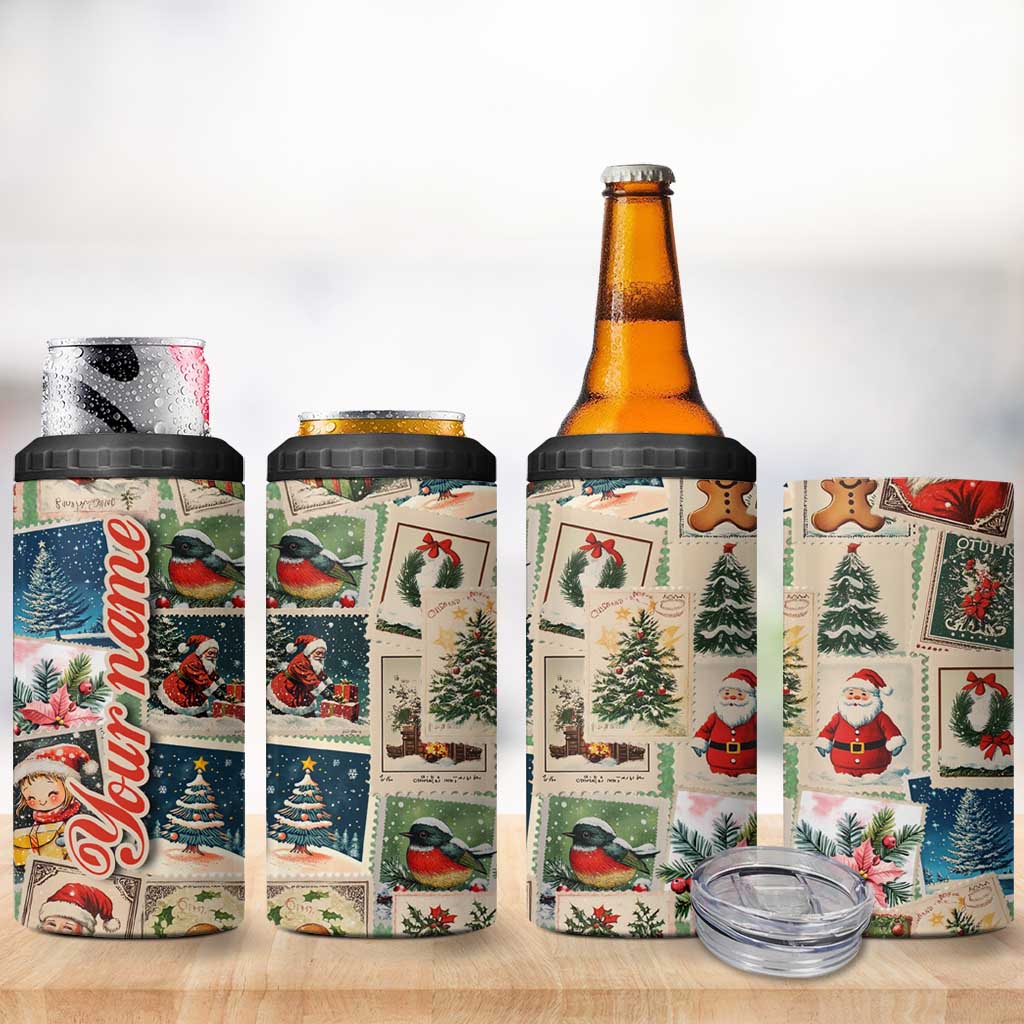 Personalized Christmas 4 in 1 Can Cooler Tumbler Custom Name Vingtage Xmas Stamp - Wonder Print Shop