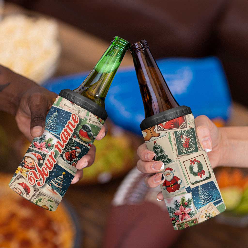 Personalized Christmas 4 in 1 Can Cooler Tumbler Custom Name Vingtage Xmas Stamp - Wonder Print Shop