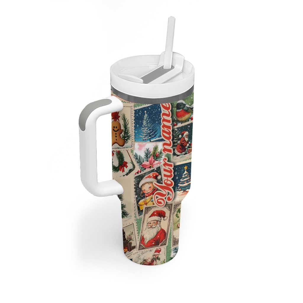 Personalized Christmas Tumbler With Handle Custom Name Vingtage Xmas Stamp - Wonder Print Shop