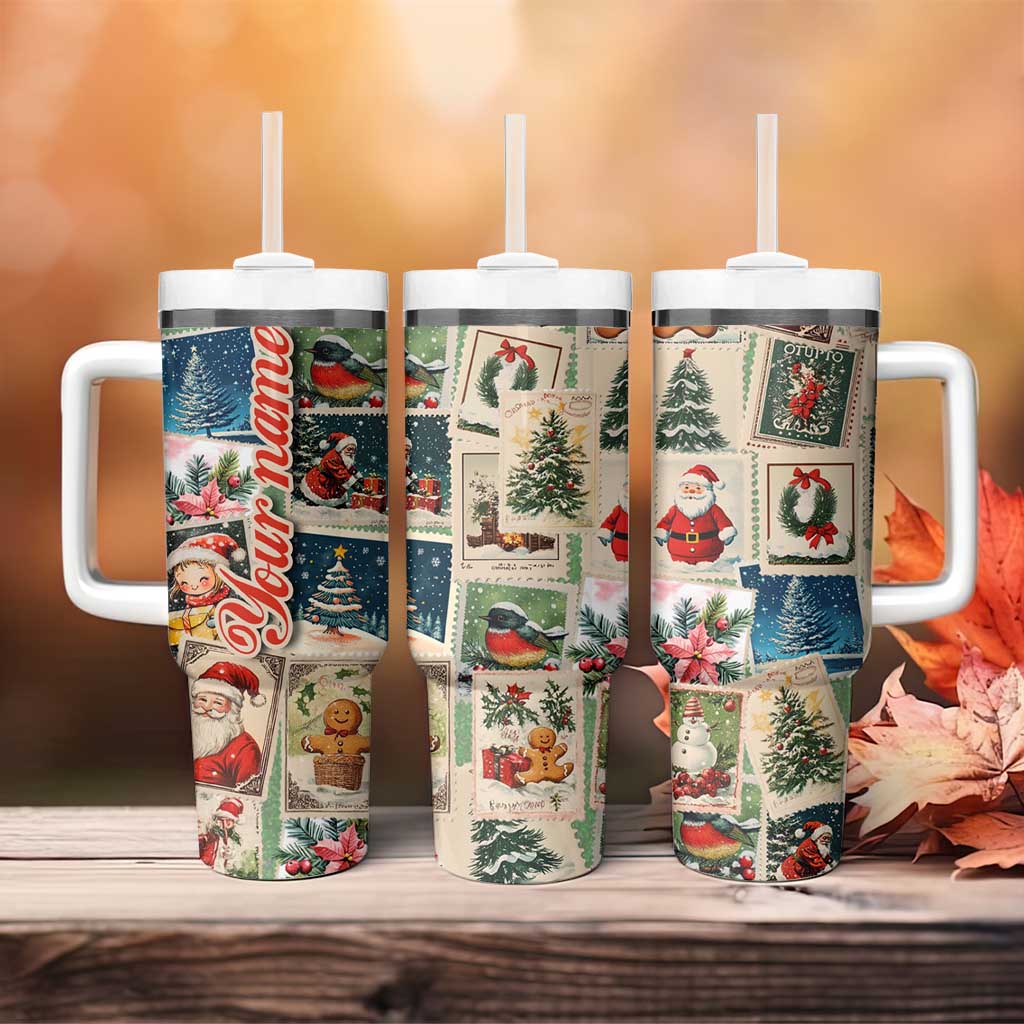 Personalized Christmas Tumbler With Handle Custom Name Vingtage Xmas Stamp - Wonder Print Shop