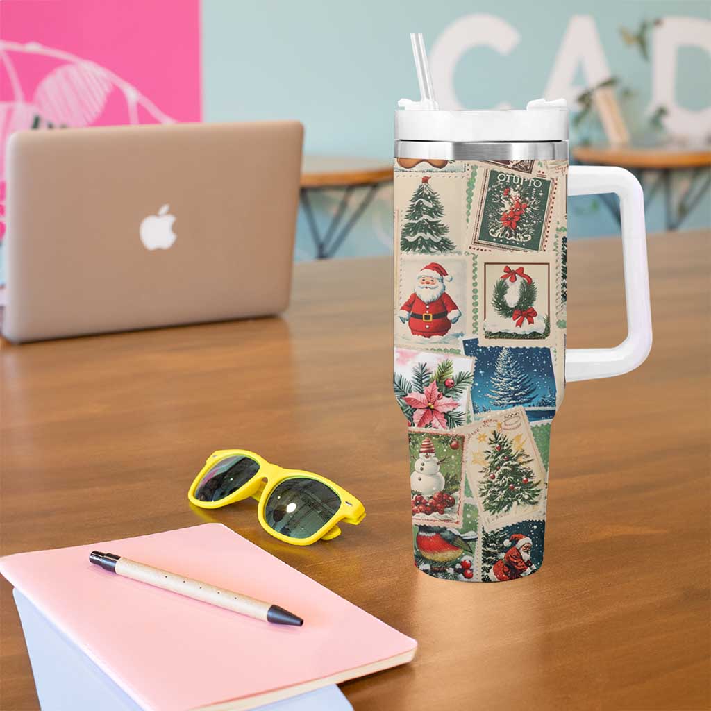 Personalized Christmas Tumbler With Handle Custom Name Vingtage Xmas Stamp - Wonder Print Shop