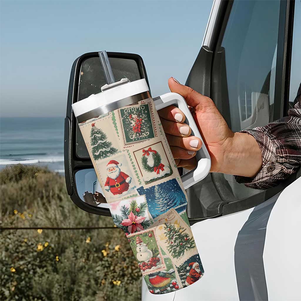 Personalized Christmas Tumbler With Handle Custom Name Vingtage Xmas Stamp - Wonder Print Shop