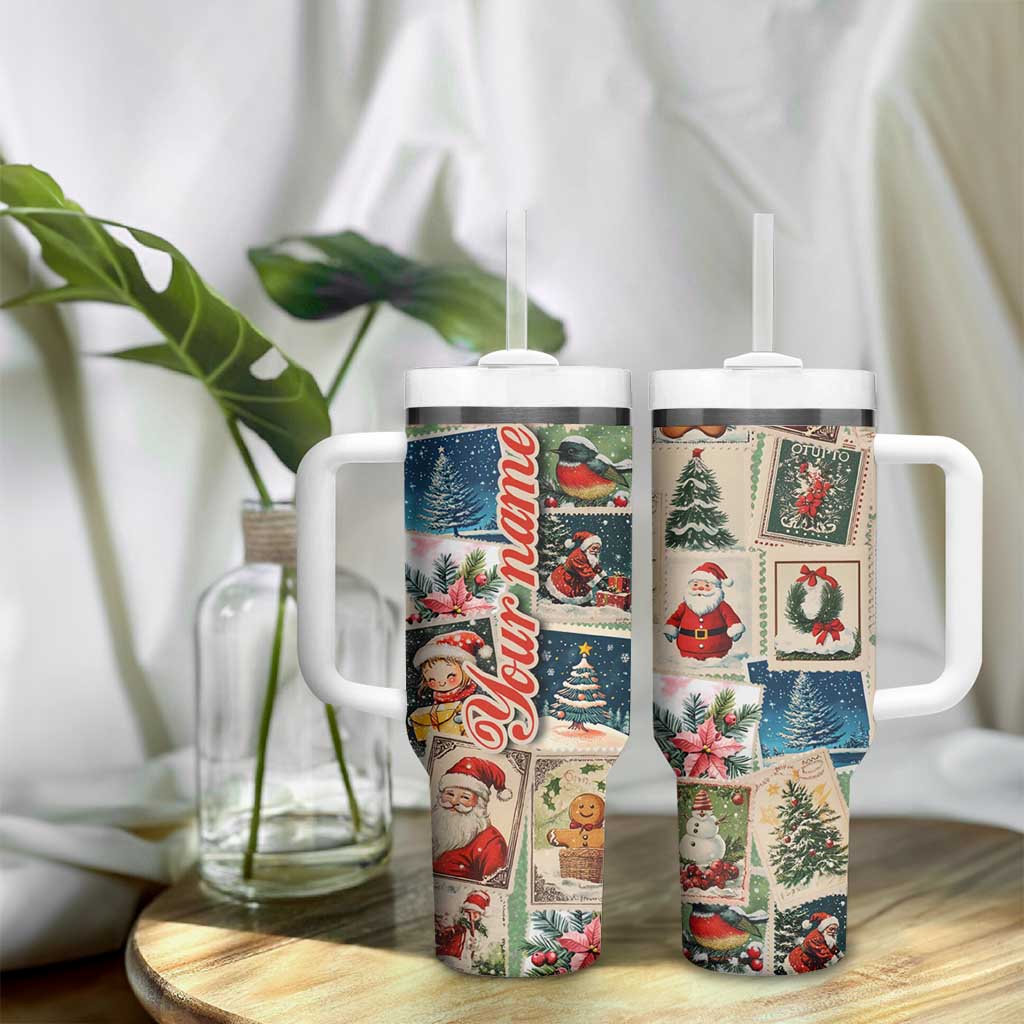 Personalized Christmas Tumbler With Handle Custom Name Vingtage Xmas Stamp - Wonder Print Shop
