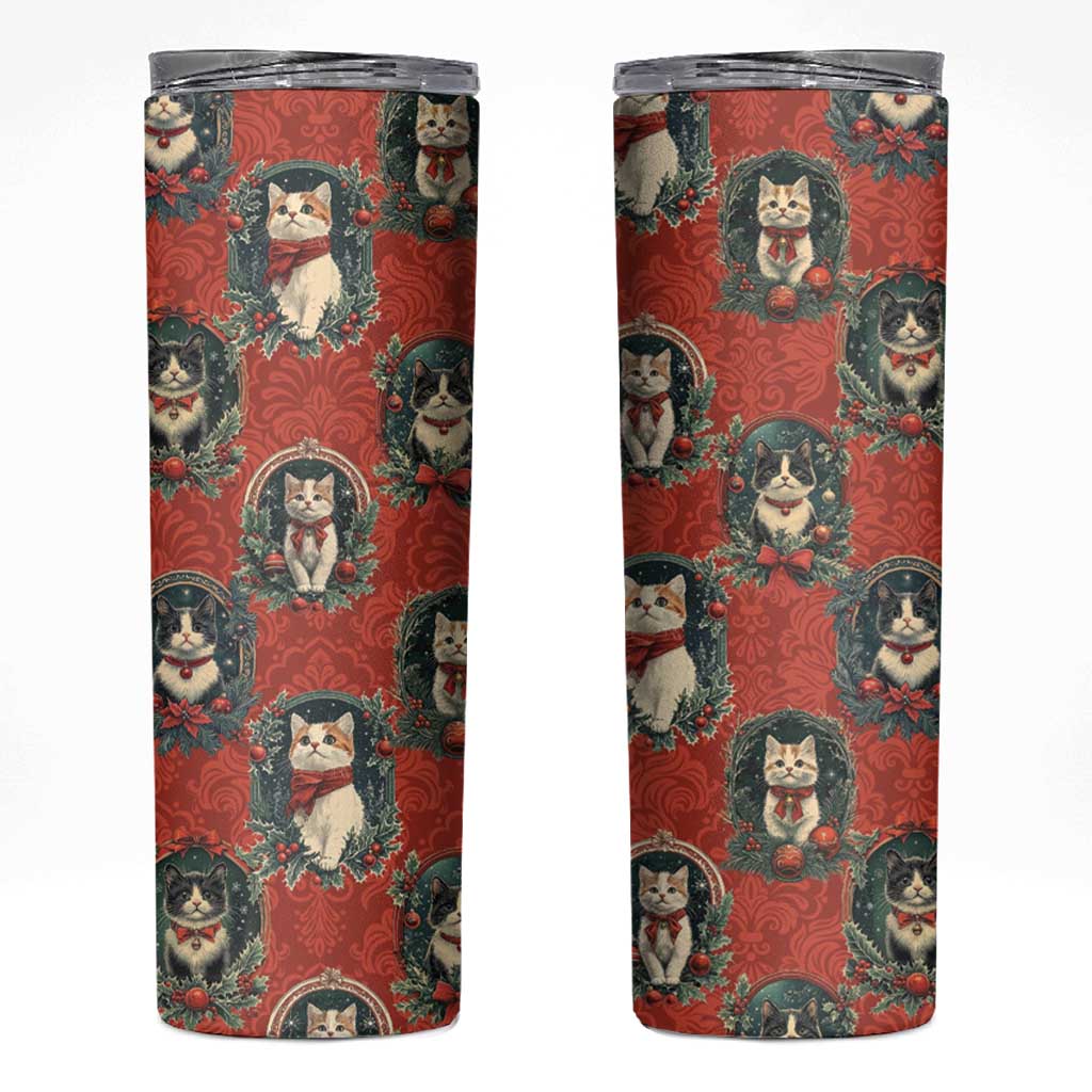 Christmas Cat Skinny Tumbler Vintage Kitten Royal Victorian Holly Wreath - Wonder Print Shop