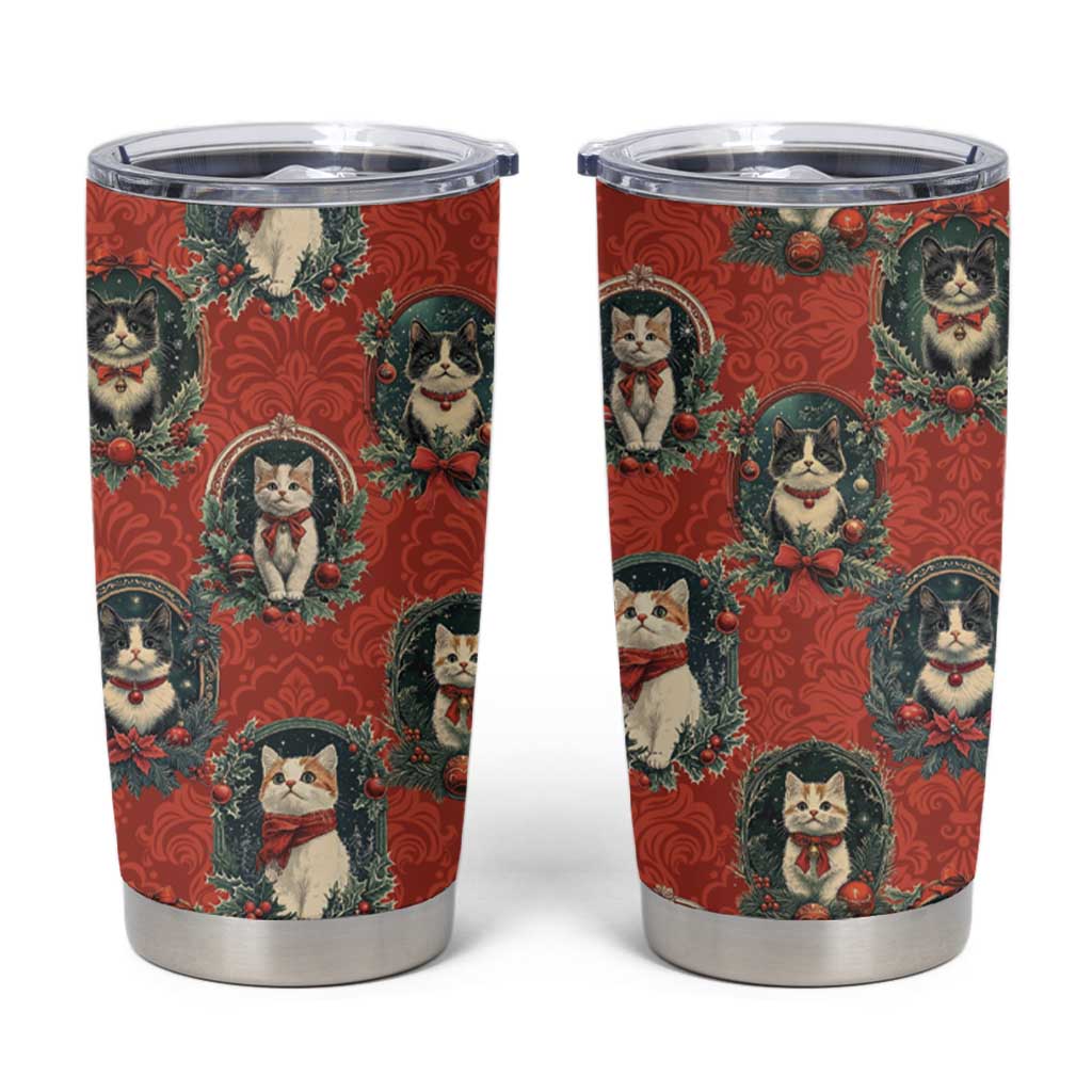 Christmas Cat Tumbler Cup Vintage Kitten Royal Victorian Holly Wreath - Wonder Print Shop