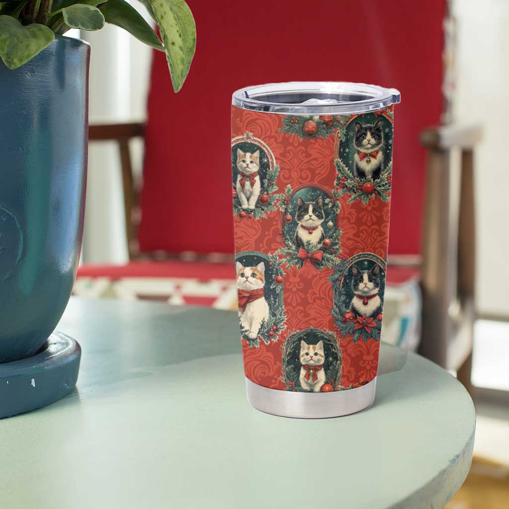 Christmas Cat Tumbler Cup Vintage Kitten Royal Victorian Holly Wreath - Wonder Print Shop