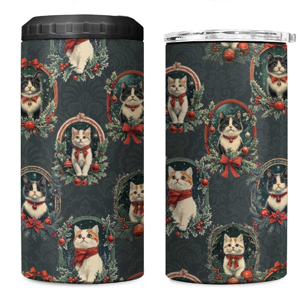 Christmas Cat 4 in 1 Can Cooler Tumbler Vintage Kitten Victorian Royal Holly Wreath - Wonder Print Shop
