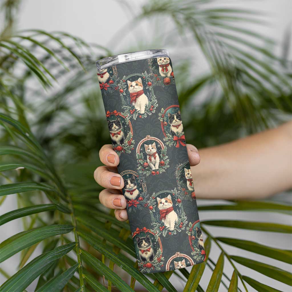 Christmas Cat Skinny Tumbler Vintage Kitten Victorian Royal Holly Wreath - Wonder Print Shop