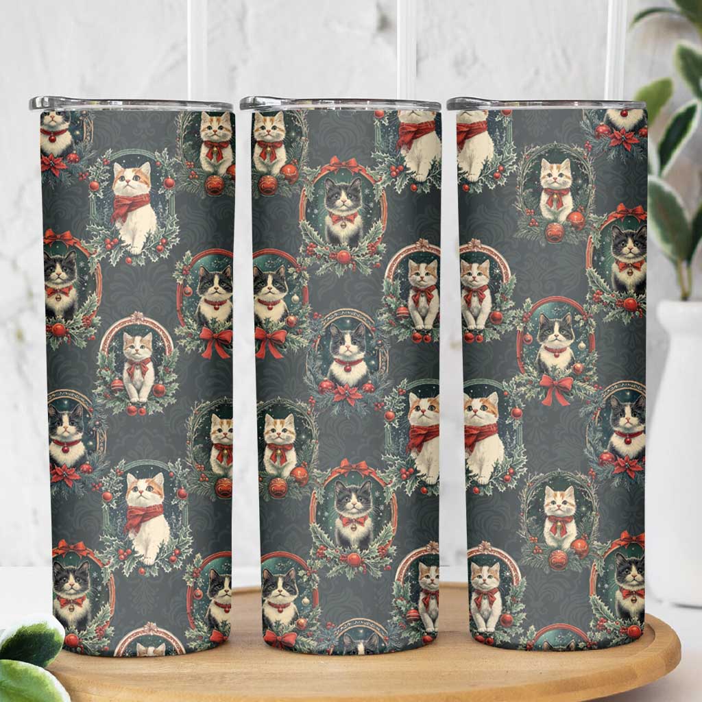 Christmas Cat Skinny Tumbler Vintage Kitten Victorian Royal Holly Wreath - Wonder Print Shop