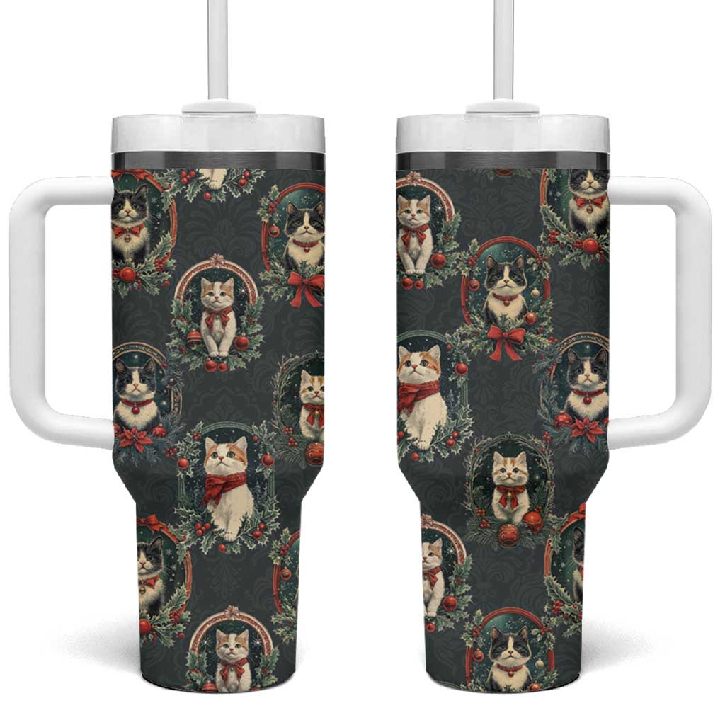 Christmas Cat Tumbler With Handle Vintage Kitten Victorian Royal Holly Wreath - Wonder Print Shop