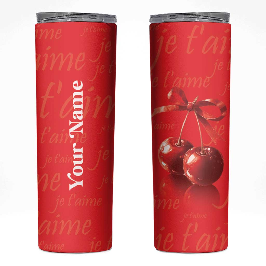 Personalized Coquette Christmas Skinny Tumbler Custom Name Cherry Bow Je T'aime - Wonder Print Shop