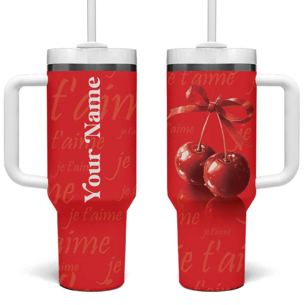 Personalized Coquette Christmas Tumbler With Handle Custom Name Cherry Bow Je T'aime - Wonder Print Shop