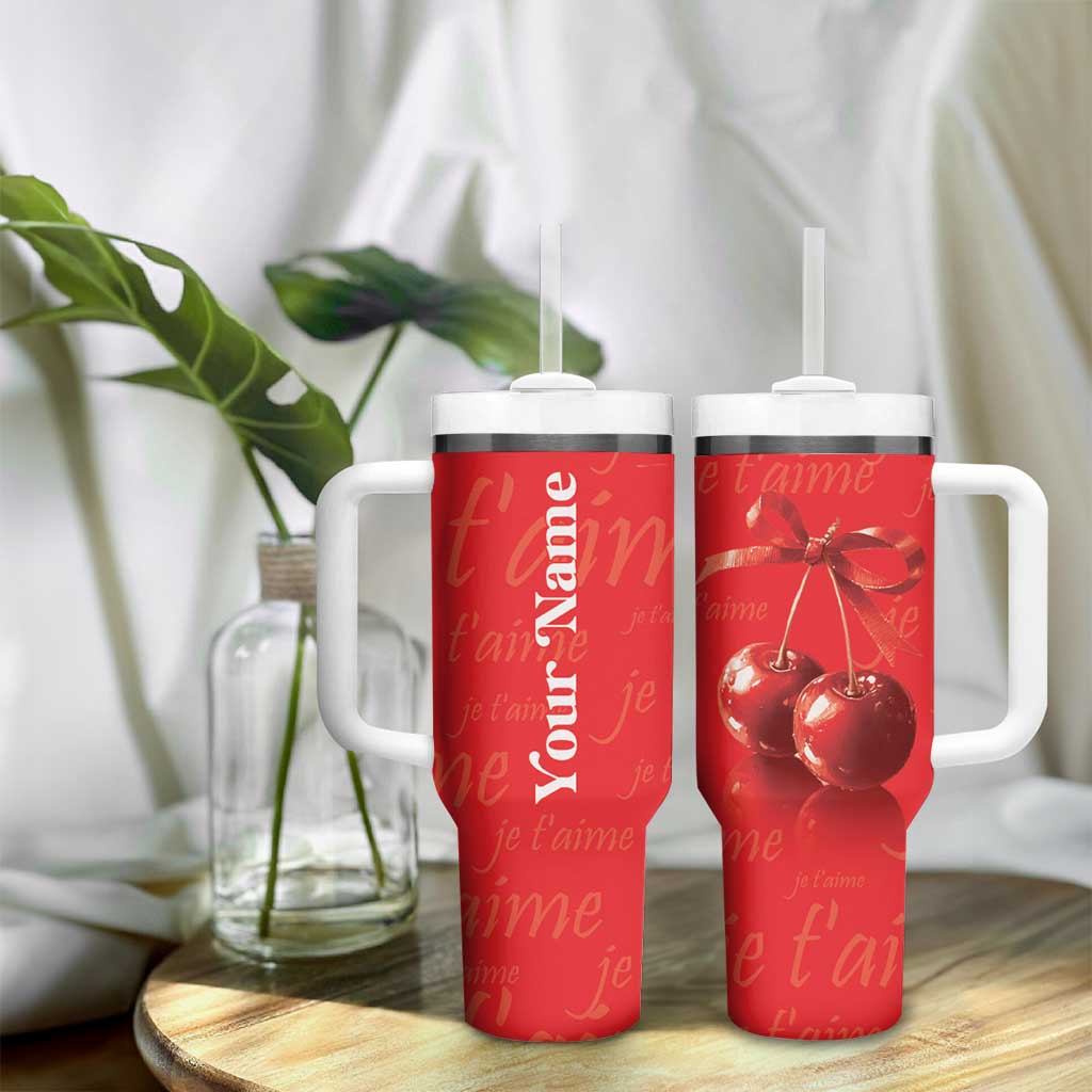 Personalized Coquette Christmas Tumbler With Handle Custom Name Cherry Bow Je T'aime - Wonder Print Shop