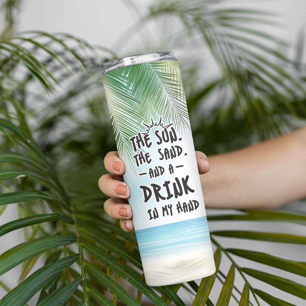 Personalized Beach Lover Skinny Tumbler Custom Name The Sun The Sand And A Drink In My Hand - Wonder Print Shop