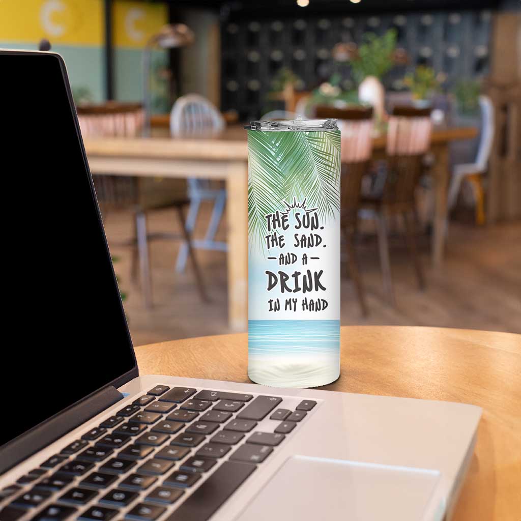 Personalized Beach Lover Skinny Tumbler Custom Name The Sun The Sand And A Drink In My Hand - Wonder Print Shop