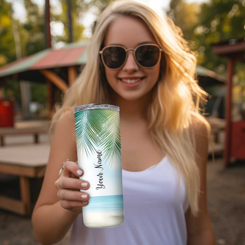 Personalized Beach Lover Skinny Tumbler Custom Name The Sun The Sand And A Drink In My Hand - Wonder Print Shop