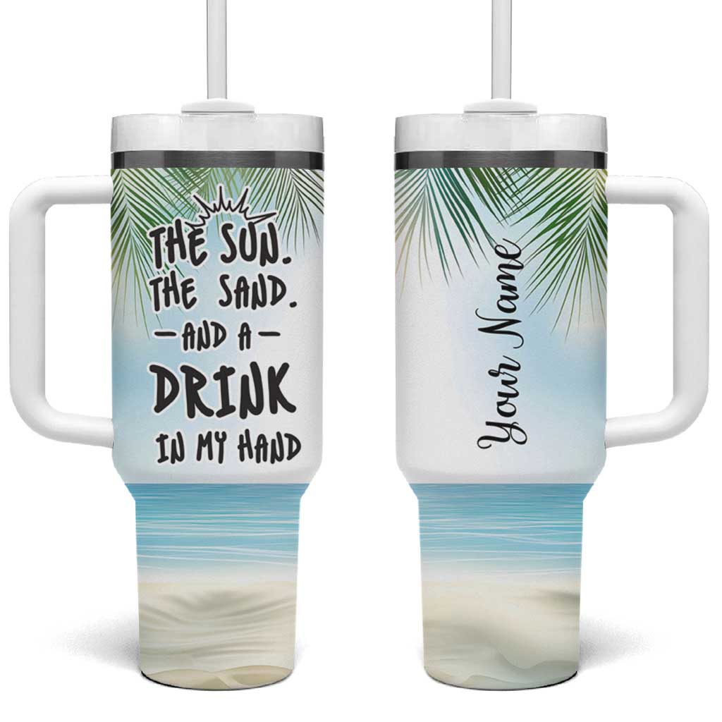 Personalized Beach Lover Tumbler With Handle Custom Name The Sun The Sand And A Drink In My Hand - Wonder Print Shop